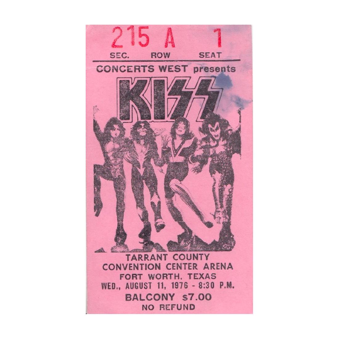 KISS - 1976 Vintage Concert Ticket: KISS (American Hard Rock Band) Original & Vintage 1976 Concert Ticket featuring The KISS. Venue: Tarrant County Convention Center Arena, Fort Worth, Texas. Dated: August 11, 1976. Includes COA. Dimens