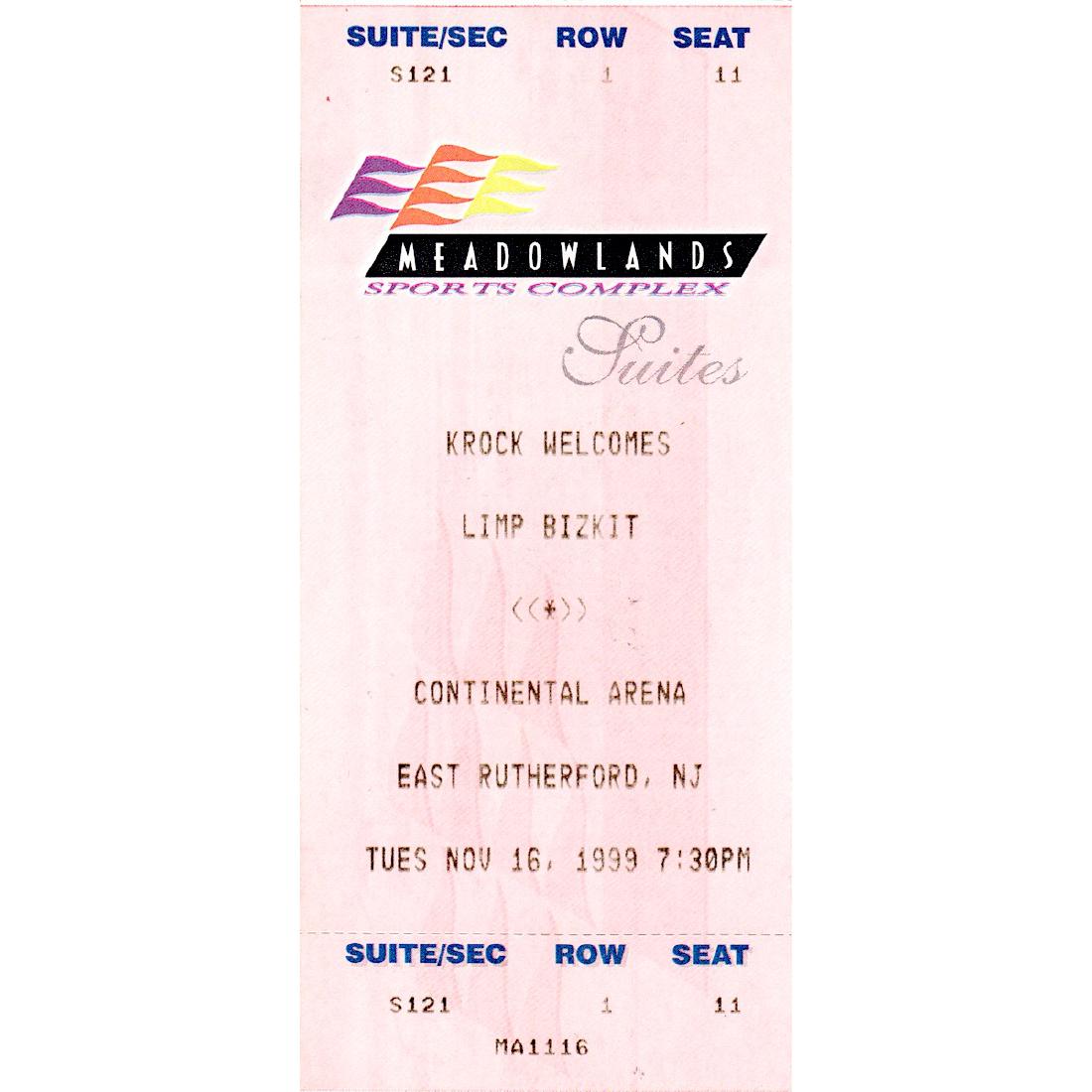 Limp Bizkit - 1999 Vintage Concert Ticket: LIMP BIZKIT (American Rap Rock Band) Original & Vintage 1999 unused Concert Ticket featuring Limp Bizkit. Venue: Continental Airlines Arena, Rutherford, New Jersey. Dated: November 16, 1999. Includes 