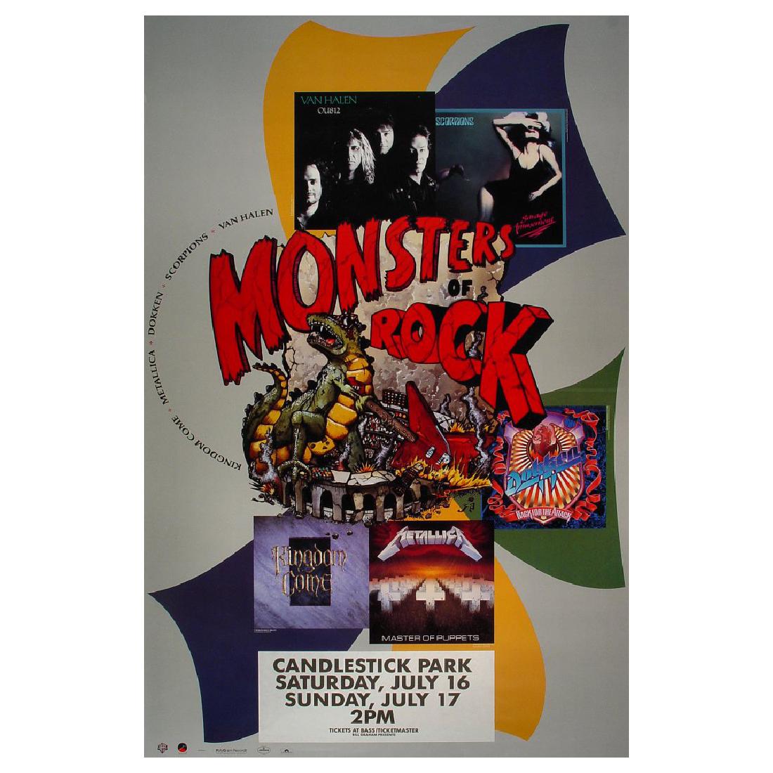 Monsters of Rock - 1988 Concert Poster: VAN HALEN (American Hard Rock Band) METALLICA (American Heavy Metal Band) Original & Vintage Concert Poster featuring Van Halen, Scorpions and Metallica. Venue: Candlestick Park, San Francisco, Califo