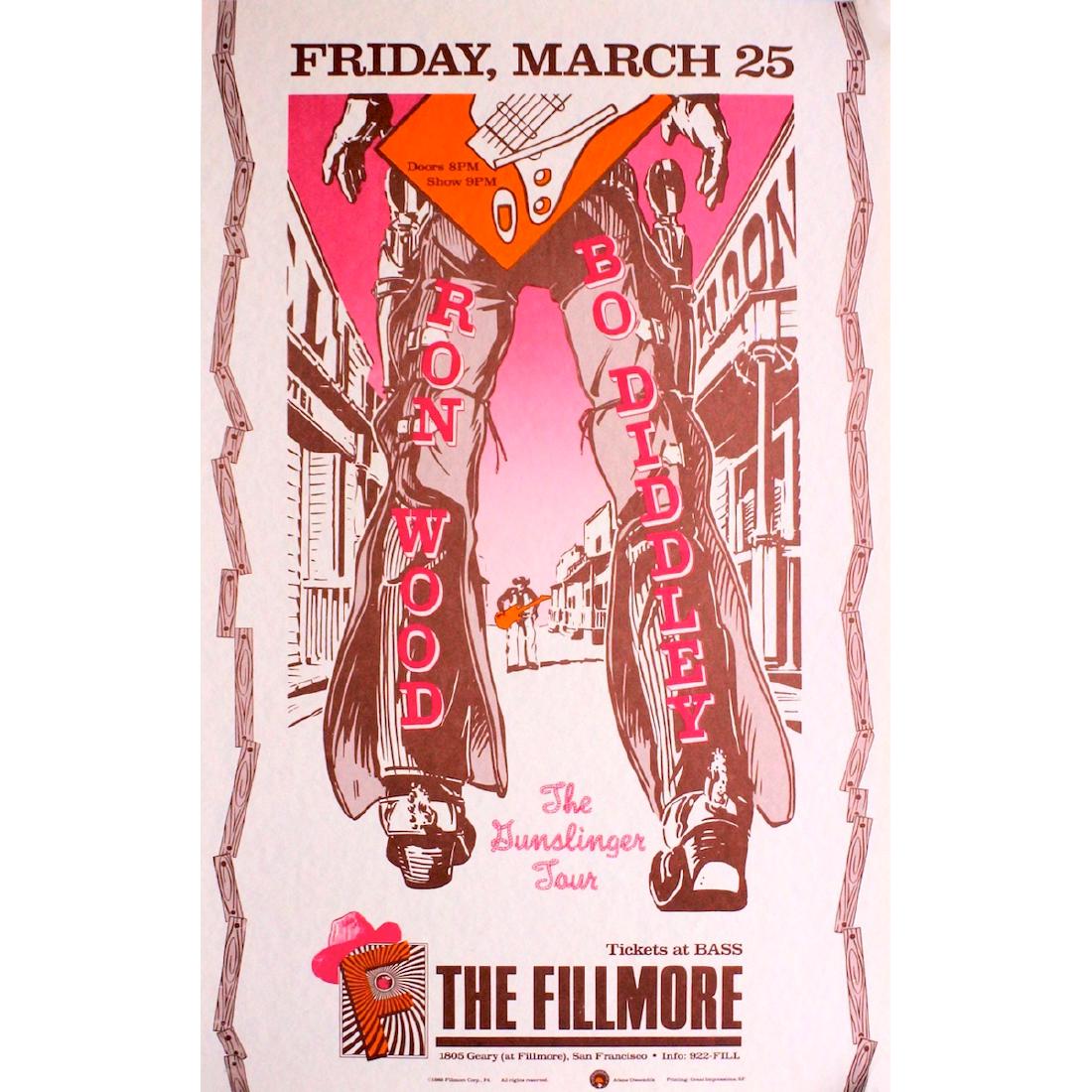 Ron Wood - Bo Diddley - 1988 Concert Poster: RON WOOD (English Rock Musician and Artist) BO DIDDLEY (1928-2008 American Guitarist and Singer-Songwriter) Original & Vintage Concert Poster featuring Ron Wood and Bo Diddley. Venue: Fillmore Auditor