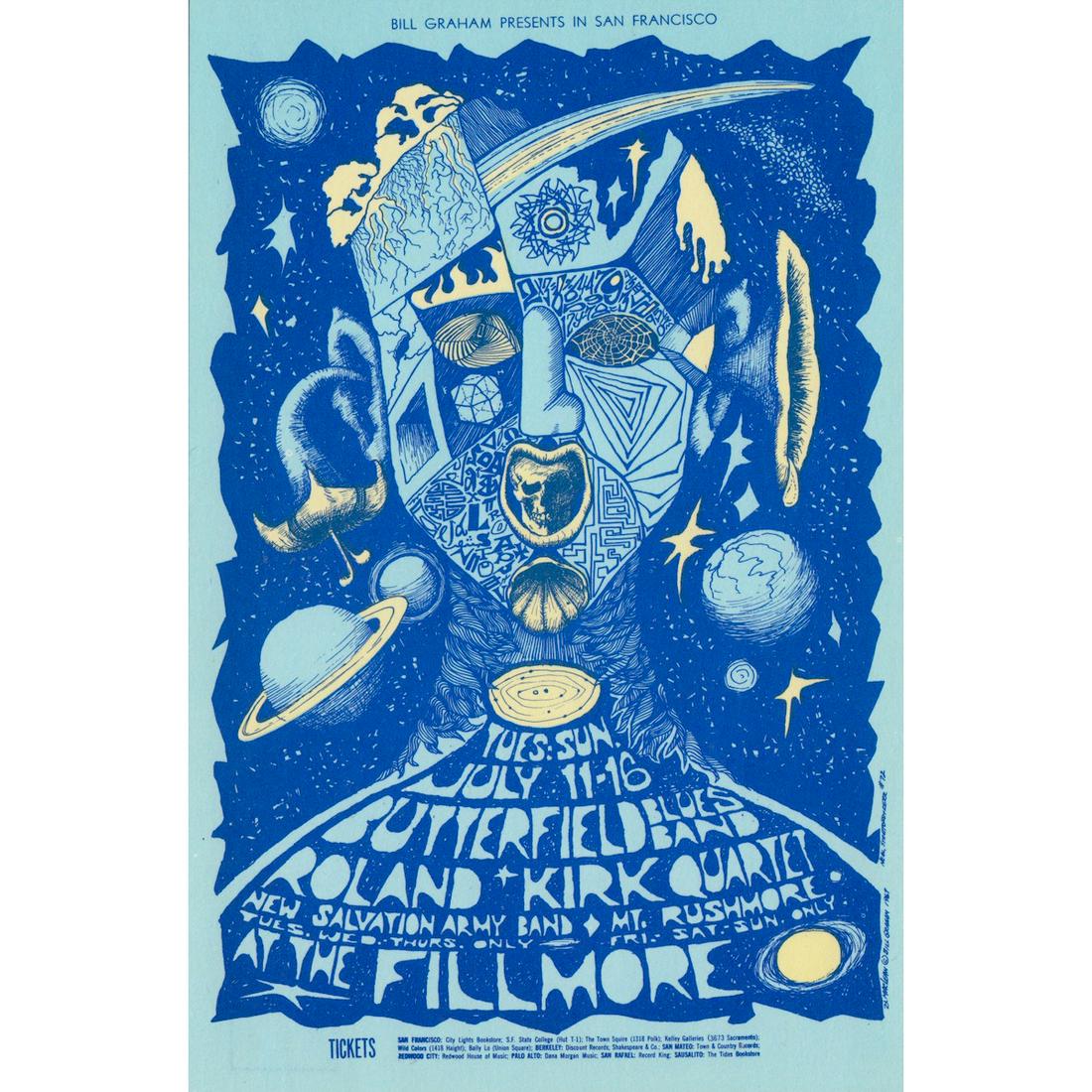 Paul Butterfield Blues Band - 1967 Concert Handbill: PAUL BUTTERFIELD (1942-1987 American Blues Harmonica Player and Singer) Original & Vintage Bill Graham Presents Concert Postcard featuring The Paul Butterfield Blues Band. This postcard is #72-1 in Th