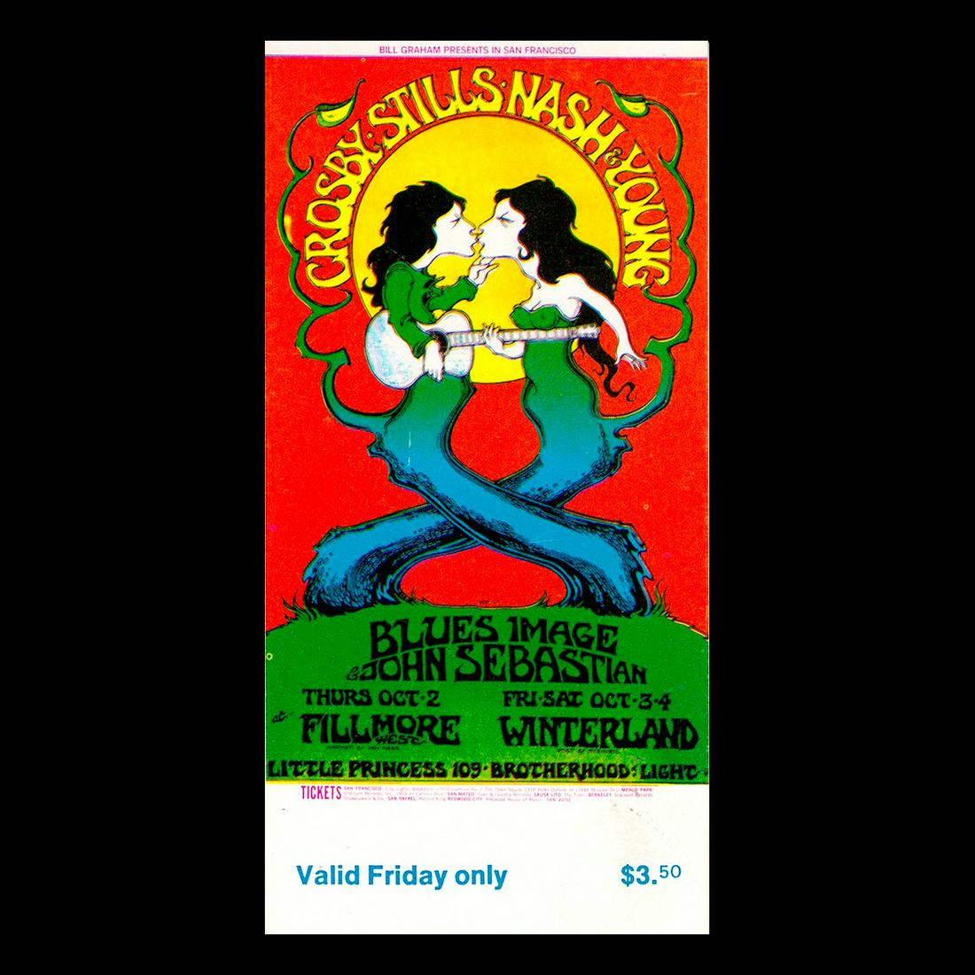 CSNY - Fillmore - 1969 Vintage Concert Ticket: CROSBY, STILLS, NASH & YOUNG (Rock Supergroup) Original & Vintage Bill Graham Presents Concert Ticket featuring The Crosby, Stills, Nash & Young, Blues Image and John Sebastian. Venue: Fillmore West, 