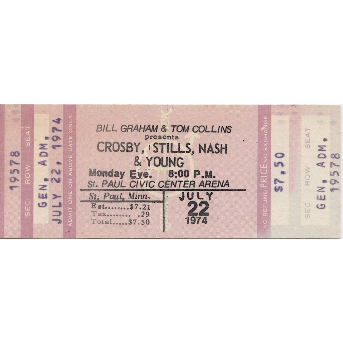 CSNY - 1974 Vintage Concert Ticket: CROSBY, STILLS, NASH & YOUNG (Rock Supergroup) Original & Vintage 1974 unused Concert Ticket featuring The Crosby, Stills, Nash & Young. Venue: St. Paul Civic Center Arena, St. Paul, Minnesota. Dated: