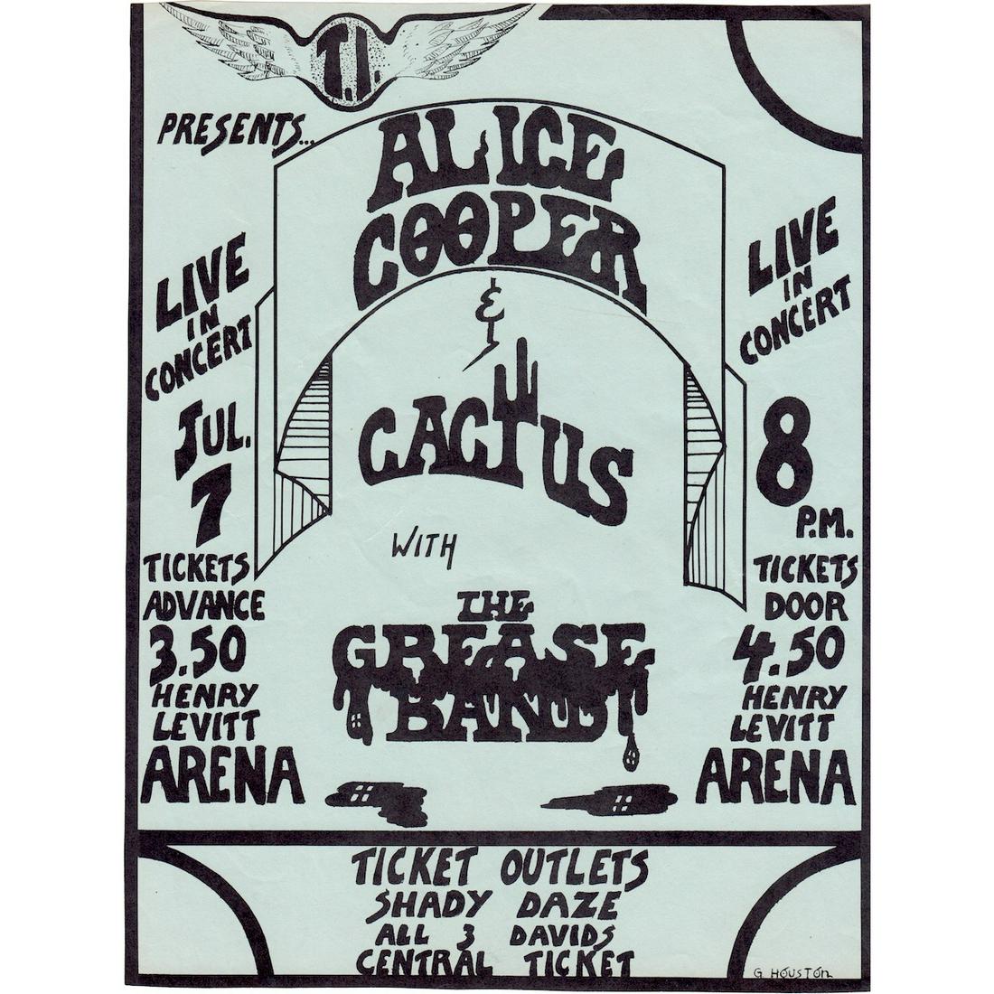 Alice Cooper - 1971 Concert Handbill: ALICE COOPER (American Singer-Songwriter) Original & Vintage Concert Handbill featuring Alice Cooper, Cactus and The Grease Band. Venue: Henry Levitt Arena, Wichita, Kansas. Dated: July 7, 1971. Artis