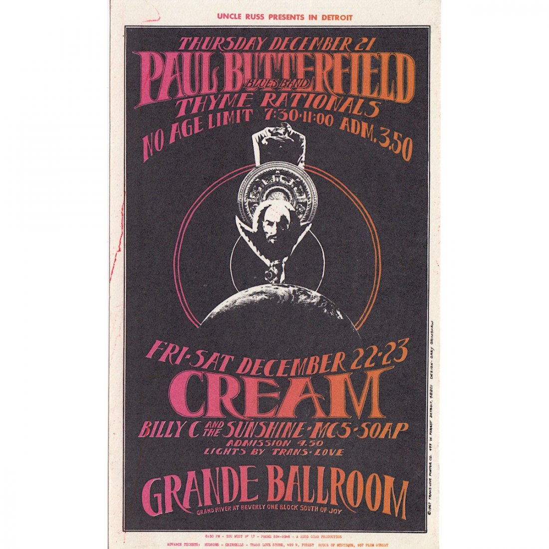 Cream - 1967 Grande Ballroom Handbill: CREAM (British Rock Power Trio) PAUL BUTTERFIELD (1942-1987 American Blues Harmonica Player and Singer) Original & Vintage Russ Gibb Concert Handbill featuring Cream and Paul Butterfield. This handbil