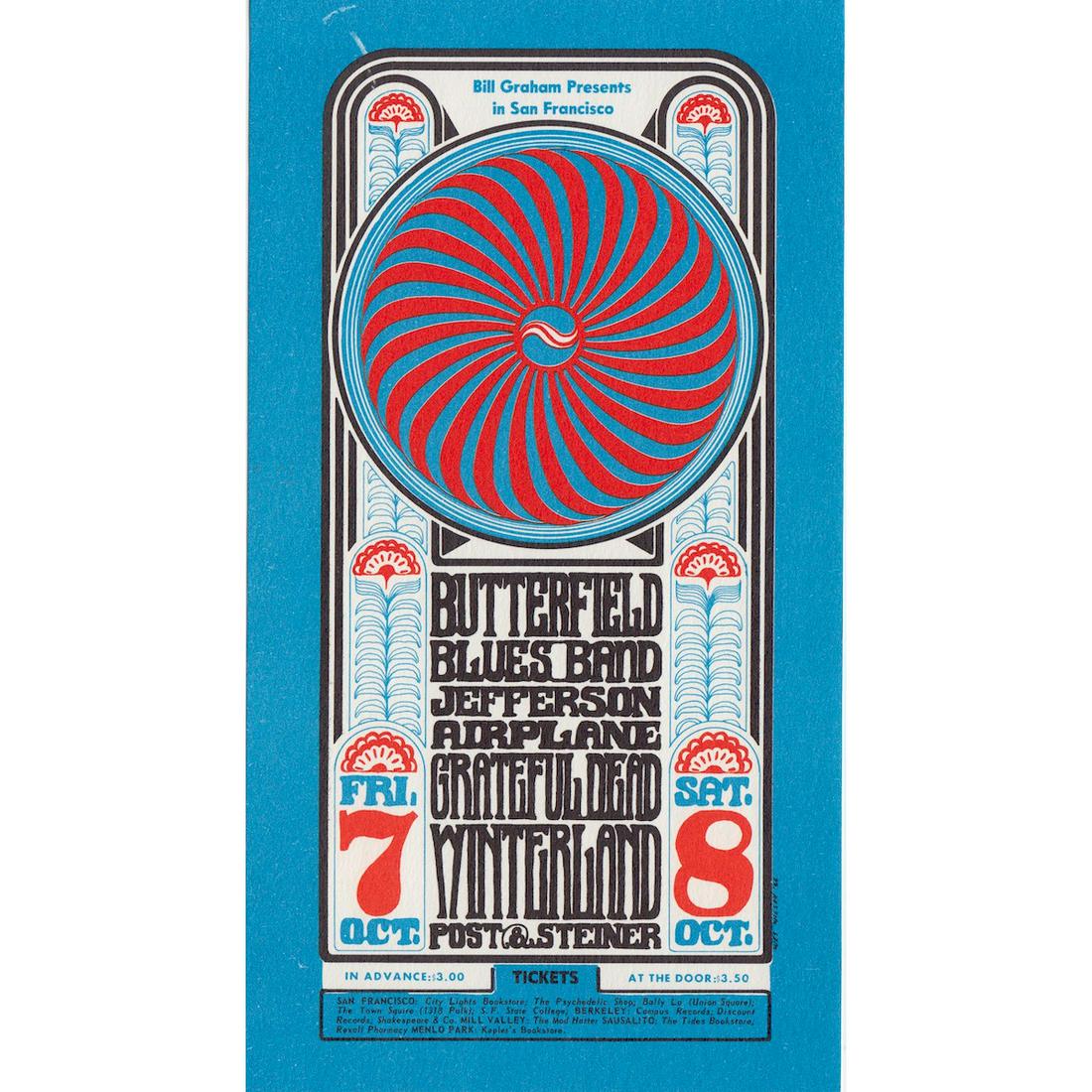 Grateful Dead - Jefferson Airplane - 1966 Handbill: GRATEFUL DEAD (American Rock Band) JEFFERSON AIRPLANE (American Rock Band) Original & Vintage Bill Graham Presents Concert Postcard featuring Jefferson Airplane, The Paul Butterfield Blues Band and Th