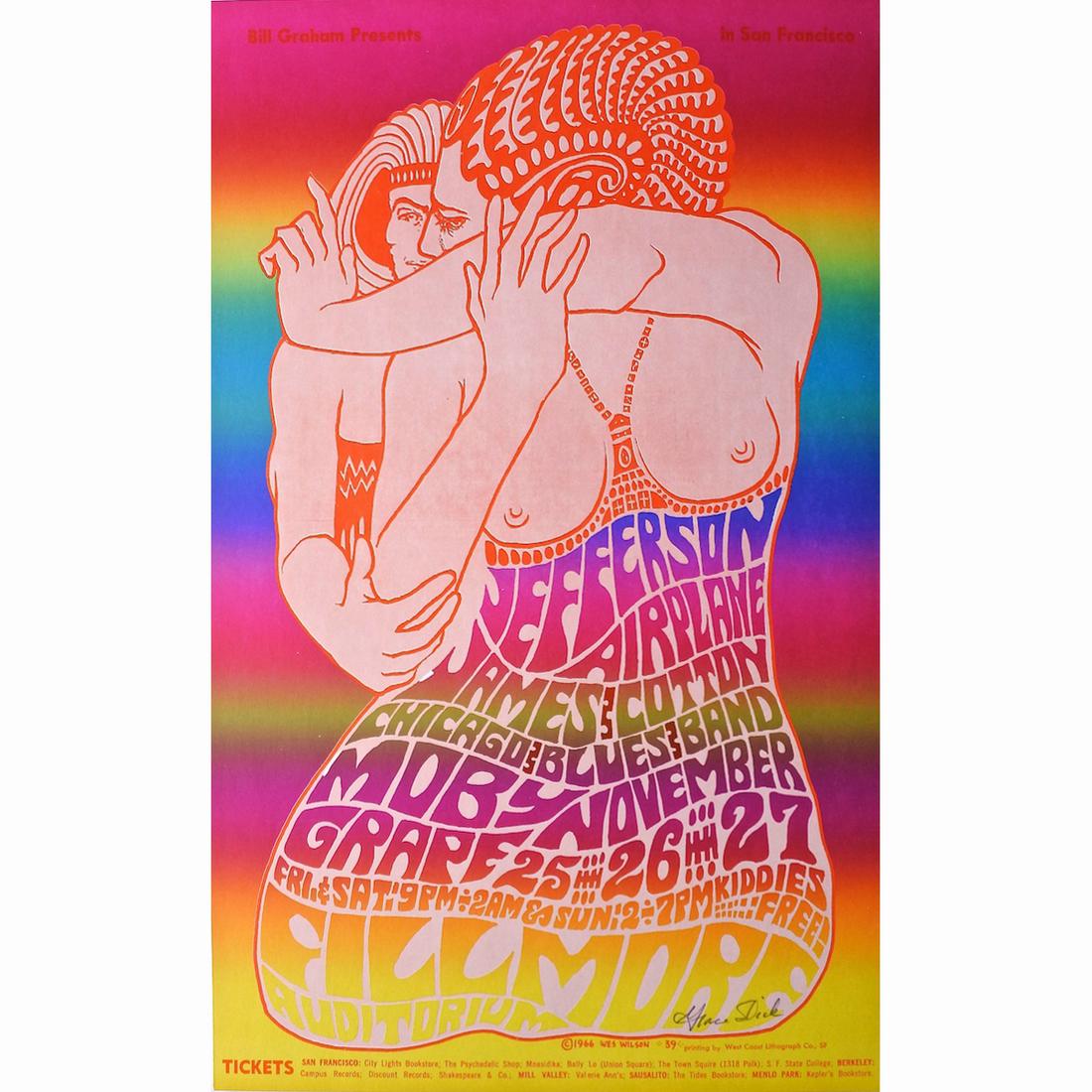 Jefferson Airplane - Grace Slick - 1966 Signed Poster: JEFFERSON AIRPLANE (American Rock Band) GRACE SLICK ( American Singer-Songwriter) Original & Vintage Bill Graham Presents Concert Poster featuring Jefferson Airplane, James Cotton Blues Band and Moby