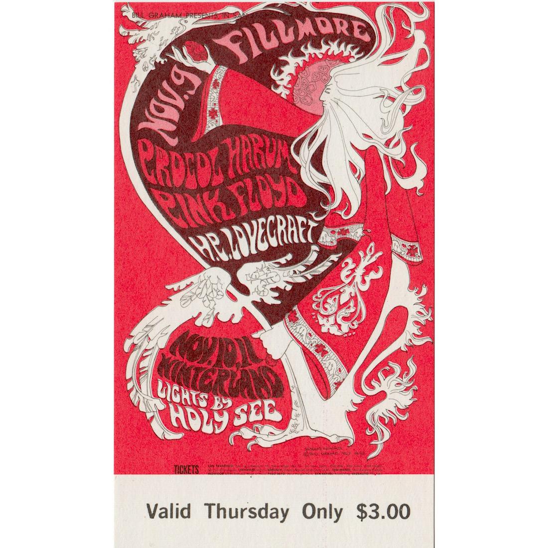 Pink Floyd - Procol Harum - 1967 Vintage Concert Ticket: PINK FLOYD (English Rock Band) PROCOL HARUM (English Rock Band) Original & Vintage Bill Graham Presents Concert Ticket featuring Pink Floyd and Procol Harum. Venue: Fillmore Auditorium, San Francisco,