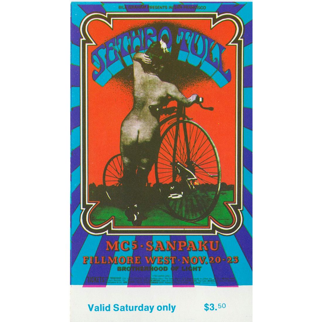Jethro Tull - 1969 Vintage Concert Ticket: JETHRO TULL (British Rock Band) Original & Vintage Bill Graham Presents Concert Ticket featuring Jethro Tull. Venue: Fillmore West, San Francisco, California. Dated: November 20, 1969. Artist: Randy T