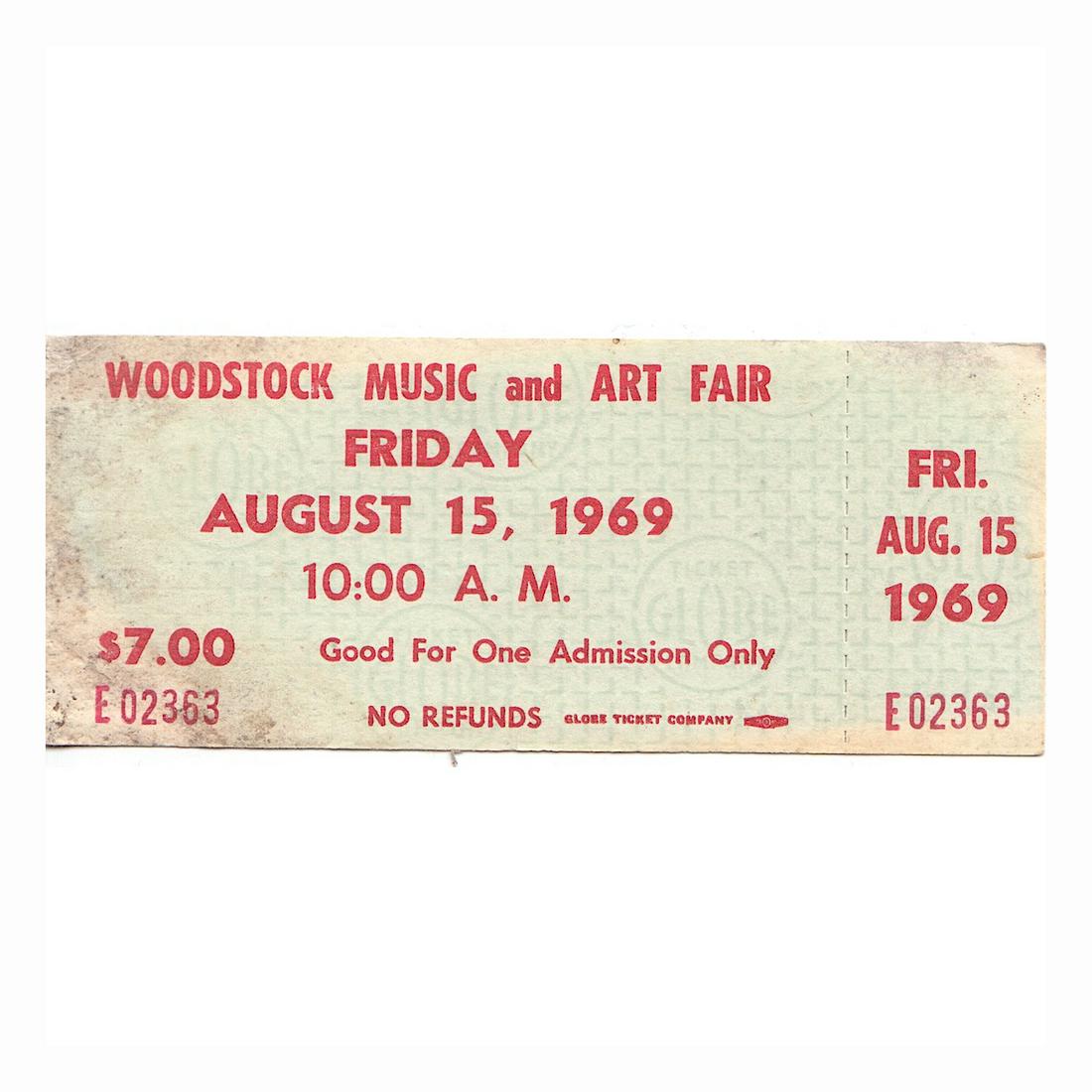 Woodstock - 1969 Advanced $7.00 Vintage Concert Ticket: WOODSTOCK MUSIC & ART FAIR FESTIVAL (Music Festival billed as 'An Aquarian Exposition: 3 Days of Peace & Music) Authentic unused Advanced Woodstock Festival Ticket with photograph. Venue: Max Yasgur D