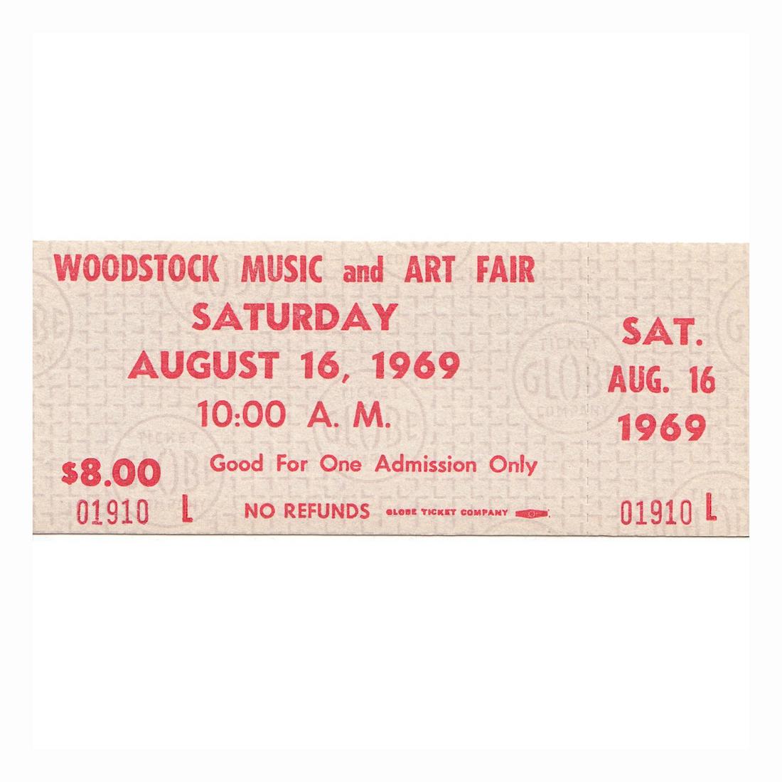 Woodstock - 1969 Saturday Vintage Concert Ticket: WOODSTOCK MUSIC & ART FAIR FESTIVAL (Music Festival billed as 'An Aquarian Exposition: 3 Days of Peace & Music) Authentic unused Woodstock Festival Ticket with photograph. Venue: Max Yasgur Dairy Farm