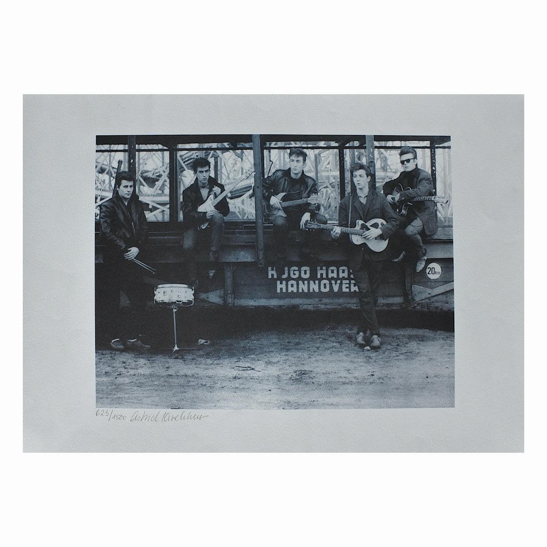 The Beatles - Fun Fair Signed Lithograph Print: THE BEATLES (English Rock Band) Original & Vintage Limited Edition Lithograph Print of The Beatles, Hamburg, 1960. Hand-signed and numbered 623/1500, by Astrid Kirchherr. Photographer: Astrid Kirchher