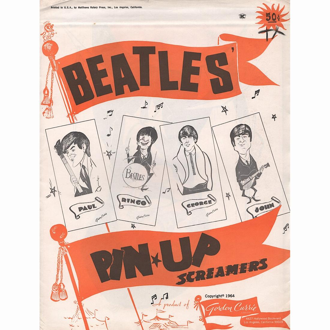 The Beatles - 1964 Sealed Pin-up Screamers: THE BEATLES (English Rock Band) Original & Vintage 1964 Beatles Screamers Pin-up Posters featuring cartoon caricatures of John, Paul, George, and Ringo as drawn by Gordon Currie. Never used, and still