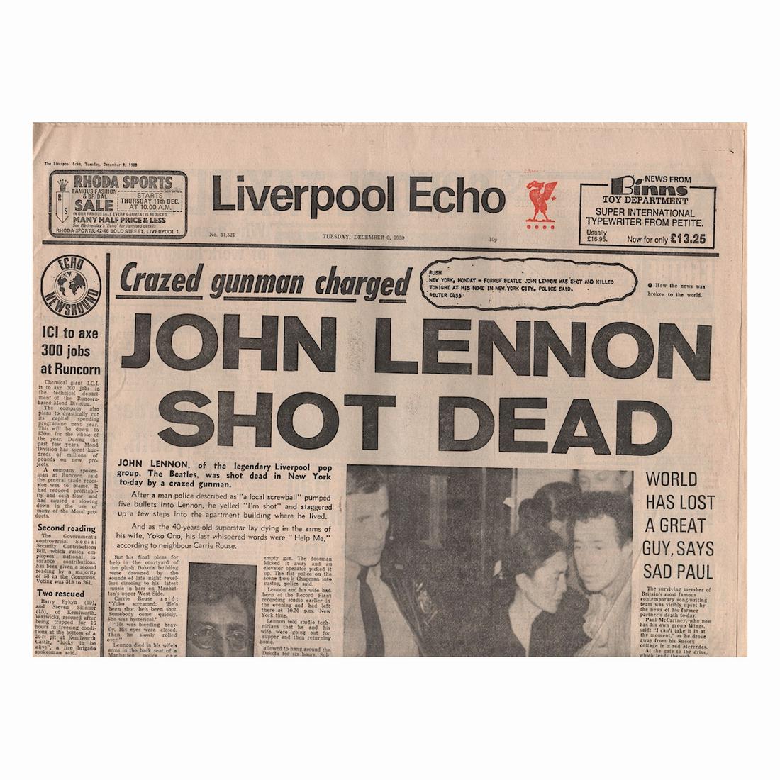 John Lennon - 1980 Liverpool Echo Newspaper: JOHN LENNON (1940-1980 English Musician, Singer and Songwriter) Original & Vintage Liverpool Echo Newspaper covering the death of John Lennon. Fourteen Pages. Dated: December 9, 1980. Includes COA. Di