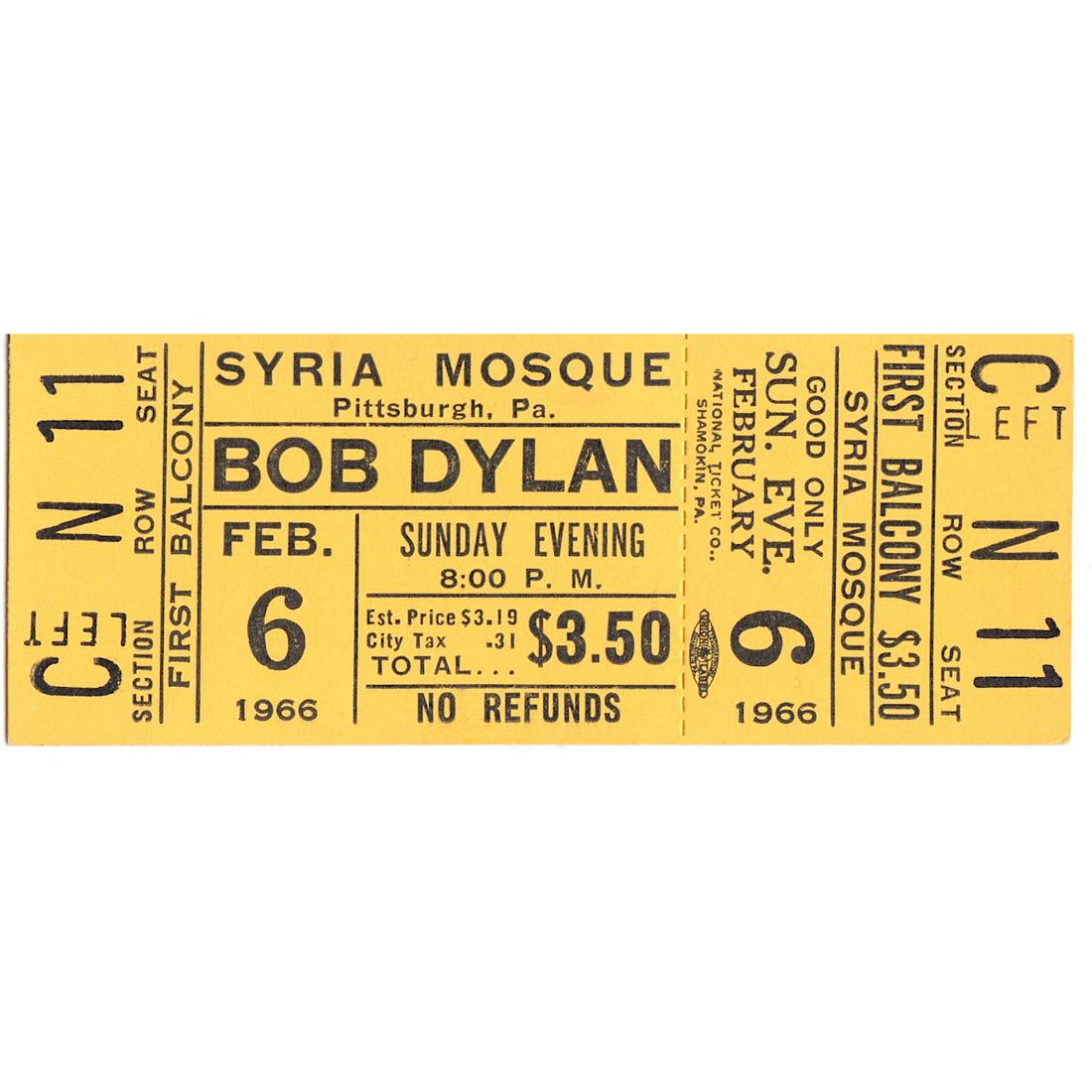 Bob Dylan - 1966 Vintage Concert Ticket: BOB DYLAN (American Singer and Songwriter) Original & Vintage 1966 unused Concert Ticket featuring Bob Dylan. Venue: Syria Mosque, Pittsburgh, Pennsylvania. Dated: February 6, 1966. Includes COA. Dime