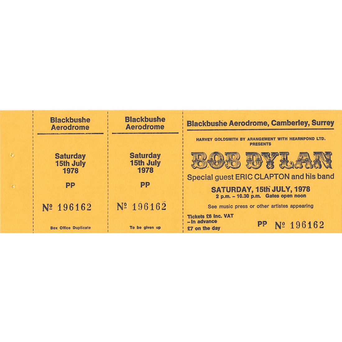 Bob Dylan - 1978 Vintage Concert Ticket: BOB DYLAN (American Singer and Songwriter) ERIC CLAPTON (English Rock & Blues Guitarist and Singer-Songwriter) Original & Vintage 1978 unused Concert Ticket featuring Bob Dylan and Eric Clapton. Venue