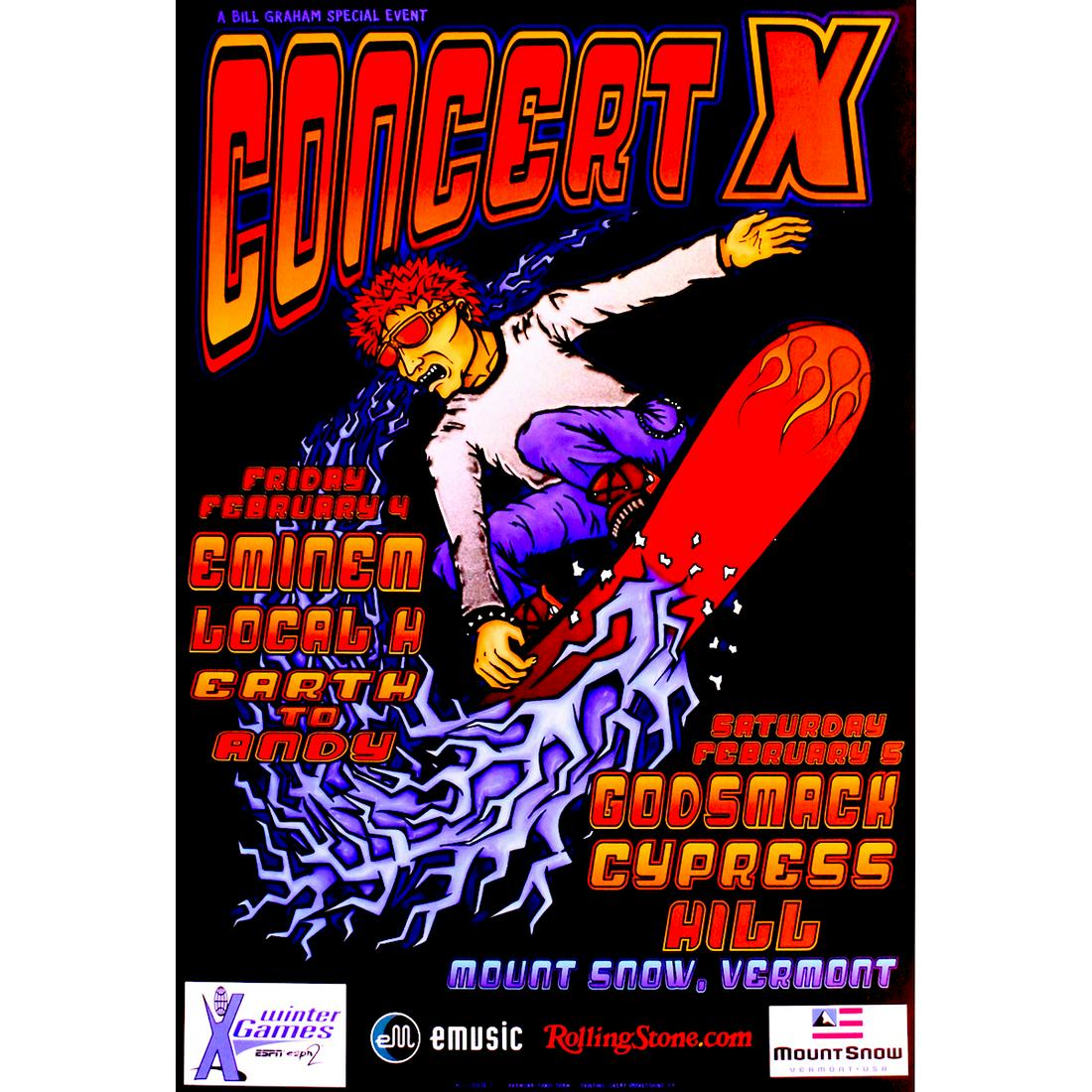 Eminem - 2000 Concert Poster: EMINEM (American Rapper) Original & Vintage Bill Graham Presents Concert Poster featuring Eminem, Godsmack and Cypress Hill. Venue: Mount Snow, Mount Snow, Vermont. Dated: February 4, 2000. Artist: Ch
