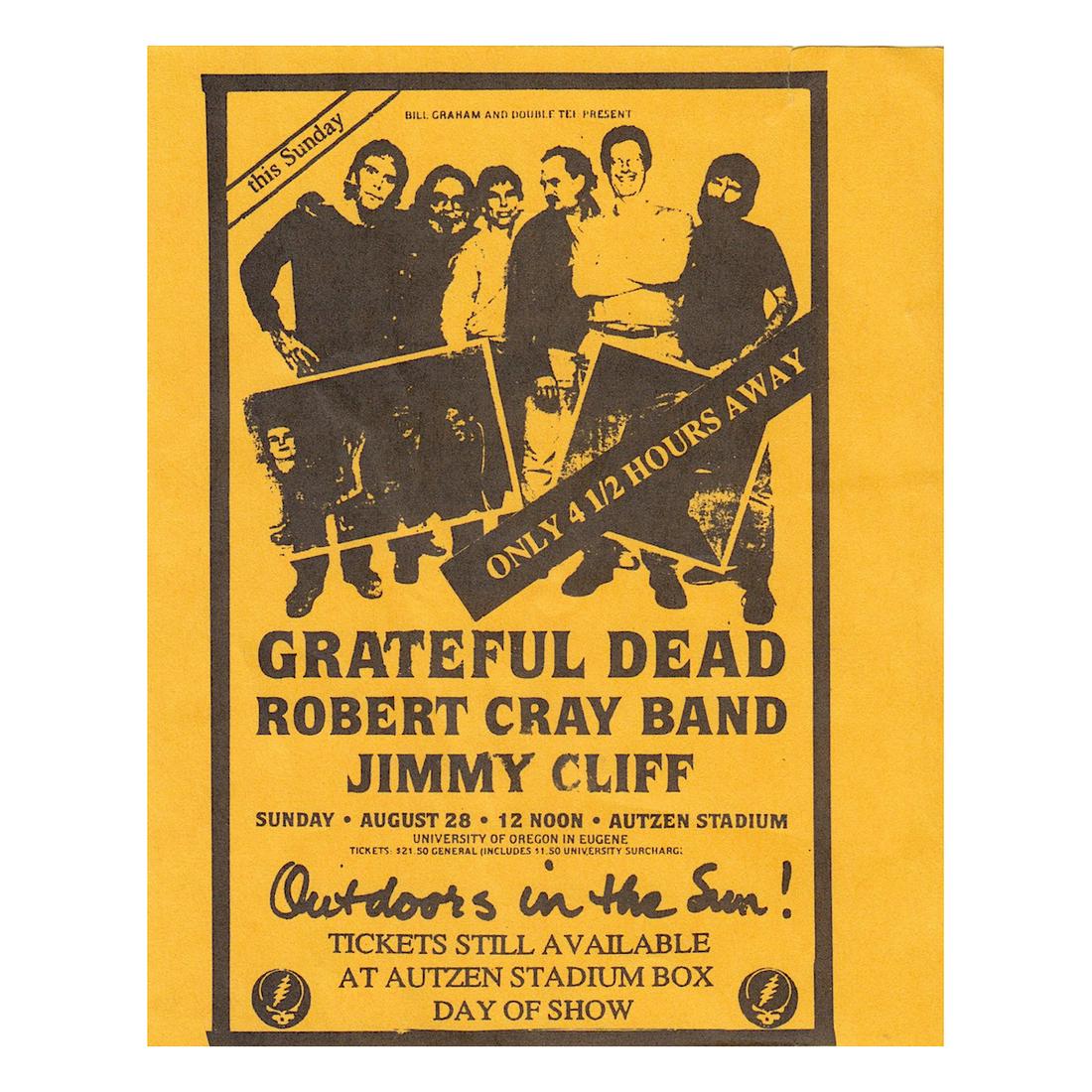 Grateful Dead - 1988 Concert Handbill: GRATEFUL DEAD (American Rock Band) Original & Vintage Bill Graham Presents Concert Handbill featuring The Grateful Dead, Robert Cray Band and Jimmy Cliff. Venue: Autzen Stadium, Eugene, Oregon. Dated: