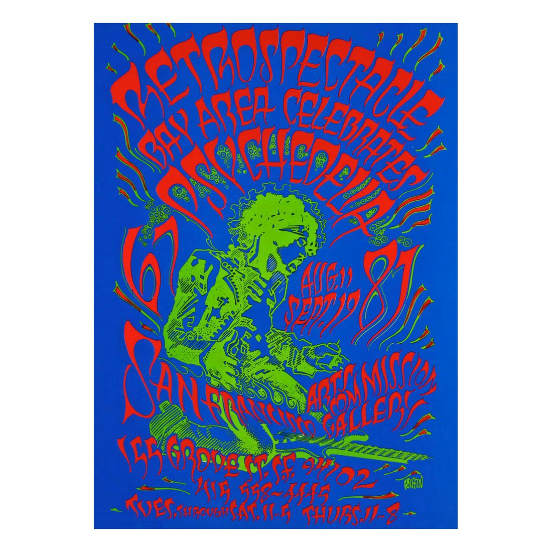 Jimi Hendrix - Rick Griffin - Psychedelia Poster: JIMI HENDRIX (1942-1970 American Rock Guitarist, Singer-Songwriter and Musician) Original & Vintage Rick Griffin Designed Poster 'Retrospectacle: Bay Area Celebrates Psychedelia'. Venue: San Francisco