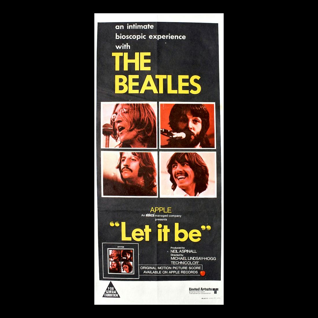 The Beatles - Let It Be - 1970 Aussie Movie Poster: THE BEATLES (English Rock Band) Original & Vintage 1970 Beatles (Australian) Theatrical Movie Poster for 'Let It Be'. 1970 First Release. Includes COA. Dimensions: 13.25 inches by 29.75 inches