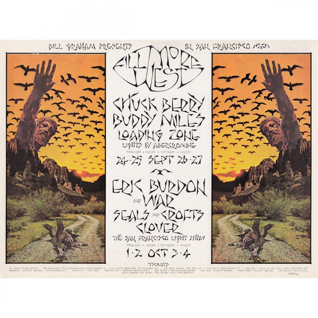 Chuck Berry - Eric Burdon - 1970 Concert Handbill: CHUCK BERRY (1926-1917 American Guitarist and Singer-Songwriter) ERIC BURDON & WAR (American-English Rock Band) Original & Vintage Bill Graham Presents Concert Handbill featuring Chuck Berry and Eric 