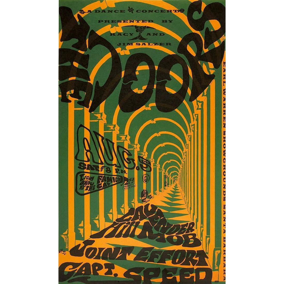 The Doors - 1967 Jim Salzer Concert Poster: THE DOORS (American Rock Band) Original & Vintage Jim Salzer Presents Concert Poster featuring The Doors, Lavender Hill Mob and Joint Effort. Venue: Earl Warren Showgrounds, Santa Barbara, California.