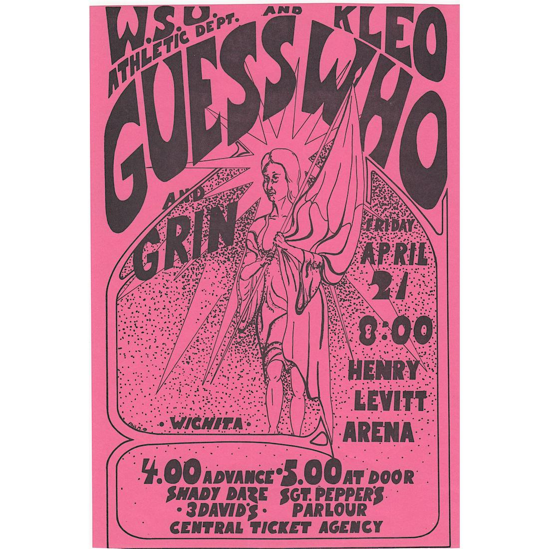 The Guess Who - 1971 Concert Handbill: THE GUESS WHO (Canadian Rock Band) Original & Vintage Concert Handbill featuring The Guess Who. Venue: Henry Levitt Arena, Wichita, Kansas. Dated: April 21, 1971. Artist: unknown. 1971 First Printing.