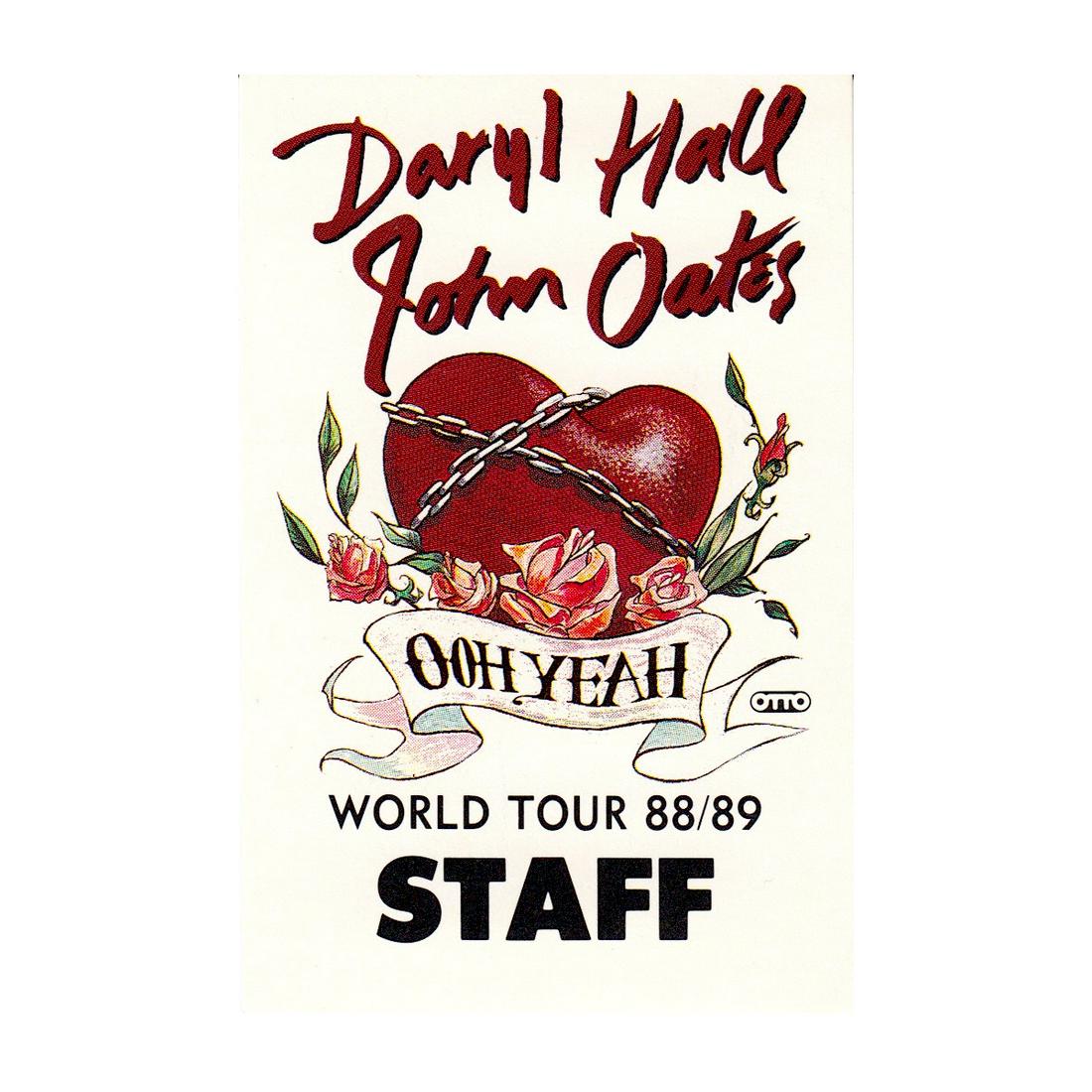 Daryl Hall & John Oates -1988 Backstage Pass: HALL & OATES (American Musical Duo) Authentic 1988 Daryl Hall & John Oates 'Ooh Yeah World Tour' unused Staff Backstage Pass. Manufactured by OTTO. Includes COA. Dimensions: 2.25 inches by 3.5 inches