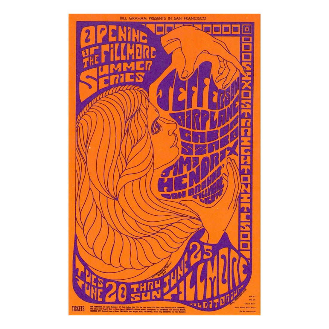 Jimi Hendrix - 1967 Fillmore Concert Handbill: JIMI HENDRIX (1942-1970 American Rock Guitarist, Singer-Songwriter and Musician) JEFFERSON AIRPLANE (American Rock Band) Original & Vintage Bill Graham Presents Concert Postcard featuring Jefferson Ai