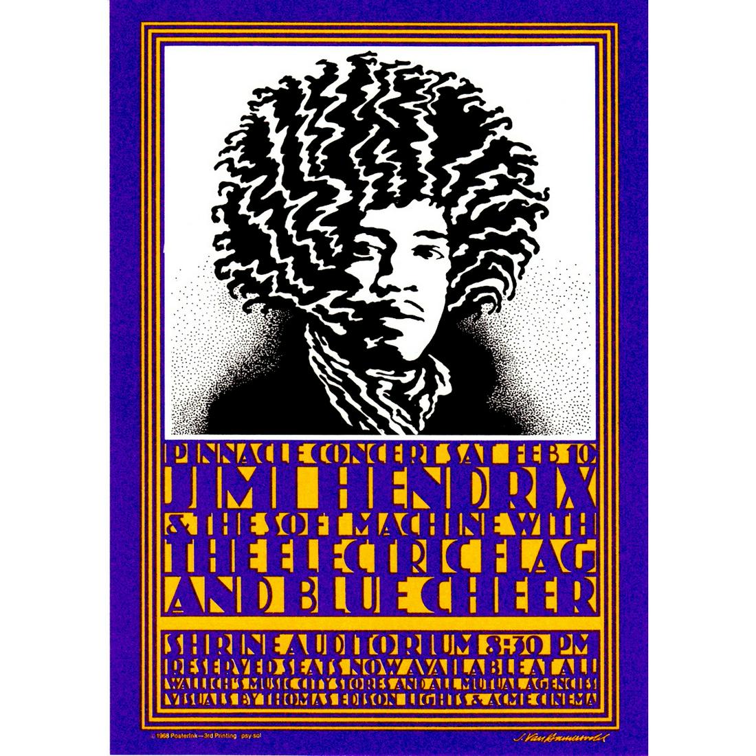 Jimi Hendrix - 1968 Pinnacle Concert Handbill: JIMI HENDRIX (1942-1970 American Rock Guitarist, Singer-Songwriter and Musician) ELECTRIC FLAG (American Blues Rock Soul Group) BLUE CHEER (American Rock Band) Original & Vintage Pinnacle Concert Post