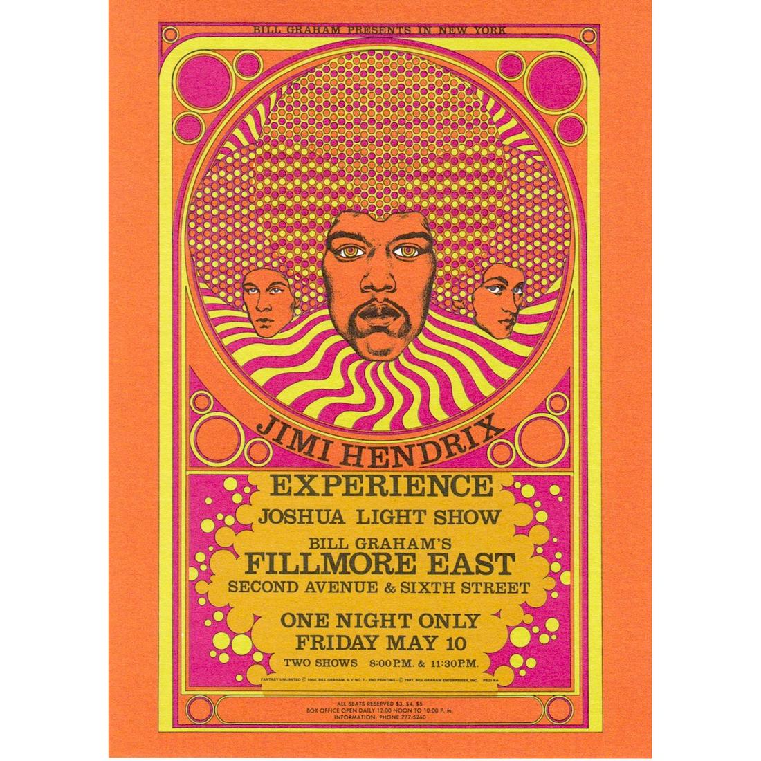 Jimi Hendrix - 1968 Fillmore East Handbill: JIMI HENDRIX (1942-1970 American Rock Guitarist, Singer-Songwriter and Musician) Original & Vintage Bill Graham Presents Concert Postcard featuring Jimi Hendrix. This postcard is #07-2 in The Bill Gra