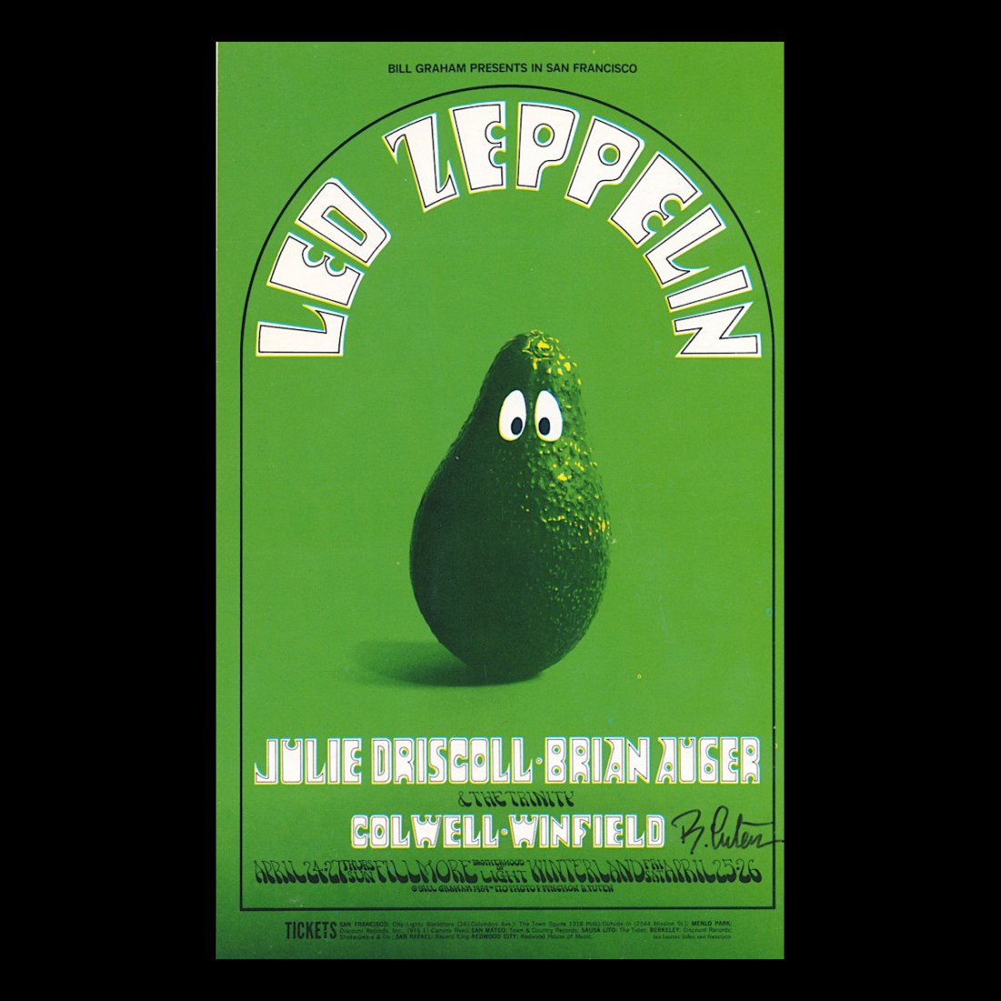 Led Zeppelin - Randy Tuten - 1969 Signed Handbill: LED ZEPPELIN (English Rock Band) Original & Vintage Bill Graham Presents Concert Postcard featuring Led Zeppelin. Hand-signed by the artist: Randy Tuten. This postcard is #170-1 in The Bill Graham Ser