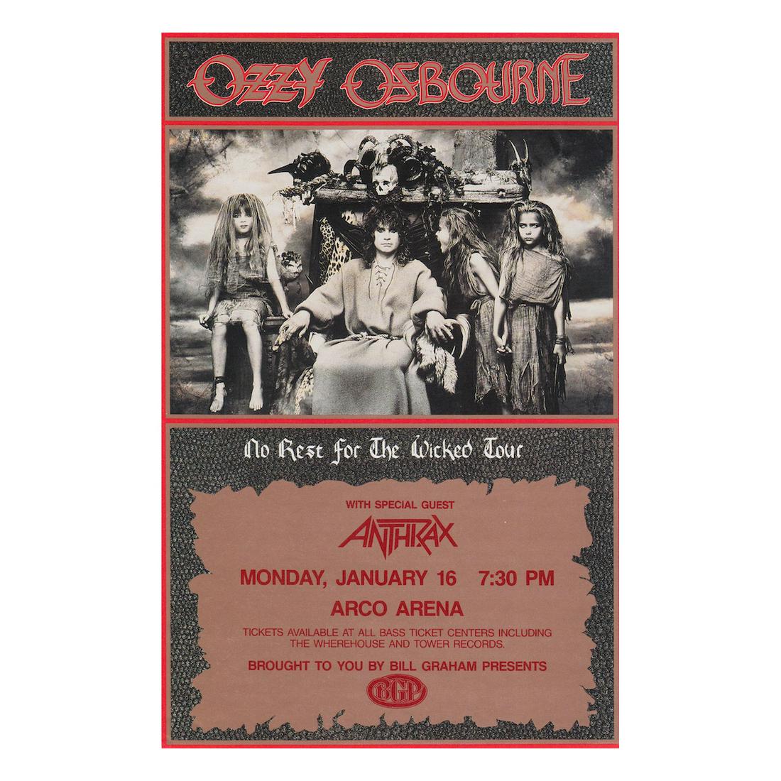 Ozzy Osbourne - 1989 Concert Handbill: OZZY OSBOURNE (English Singer, Songwriter and TV Personality) ANTHRAX (American Heavy Metal Band) Original & Vintage Ozzy Osbourne 'No Rest for the Wicked Tour' Concert Handbill featuring Ozzy Osbourn