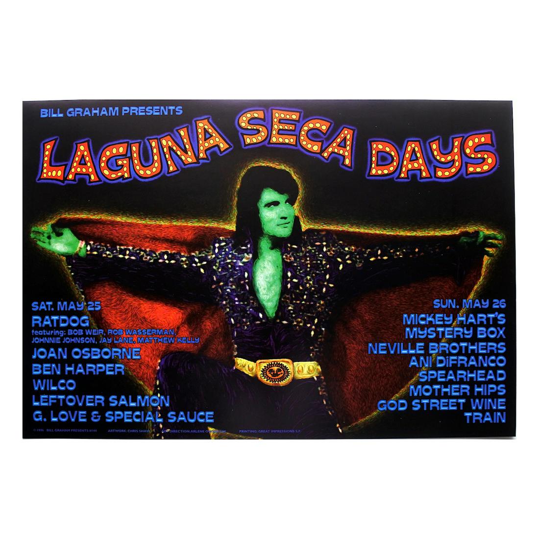 RatDog - Laguna Seca Days - 1996 Concert Poster: RATDOG (American Jazz Band) Original & Vintage Bill Graham Presents Concert Poster featuring RatDog, Joan Osborne, Ben Harper and Wilco. Venue: Laguna Seca Raceway, Monterey, California. Dated: May 25