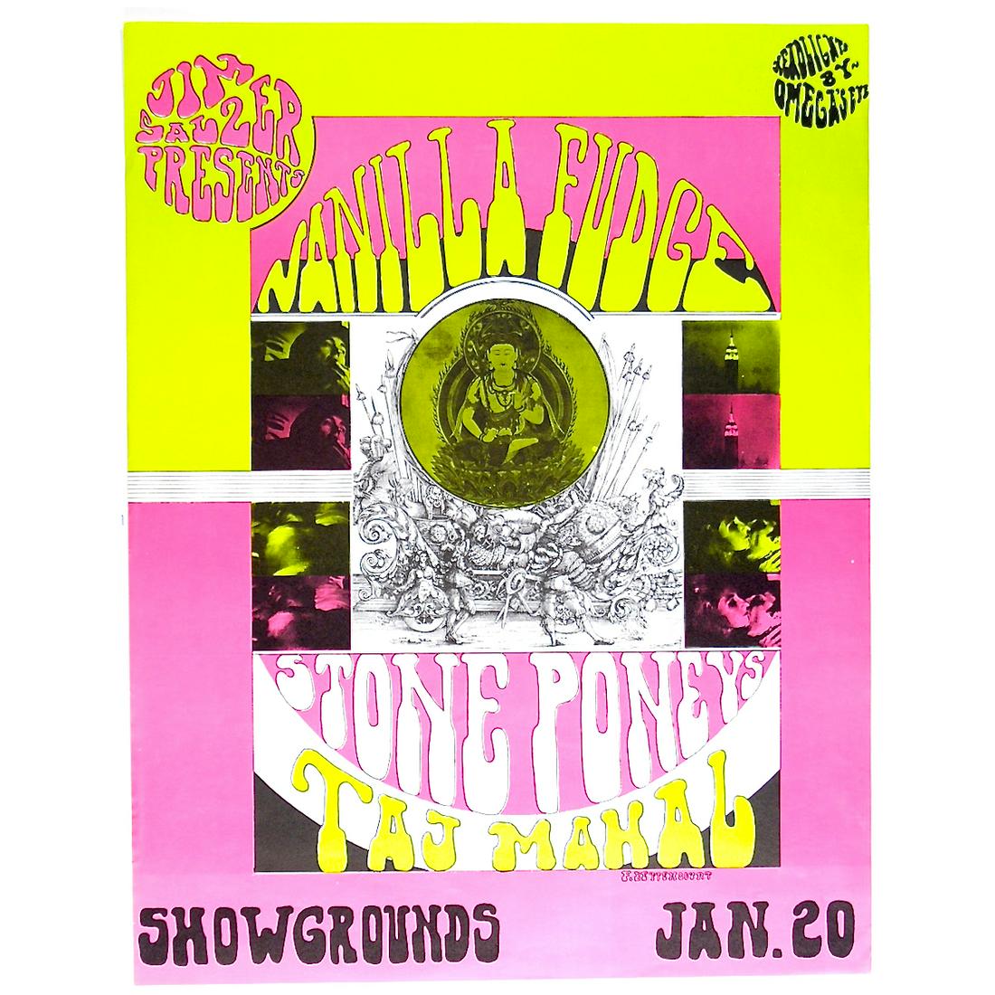 Vanilla Fudge - 1968 Jim Salzer Concert Poster: VANILLA FUDGE (American Rock Band) Original & Vintage Jim Salzer Presents Concert Poster featuring Vanilla Fudge, The Stoney Poneys (Linda Ronstadt) and Taj Mahal. Venue: Earl Warren Showgrounds, Sant