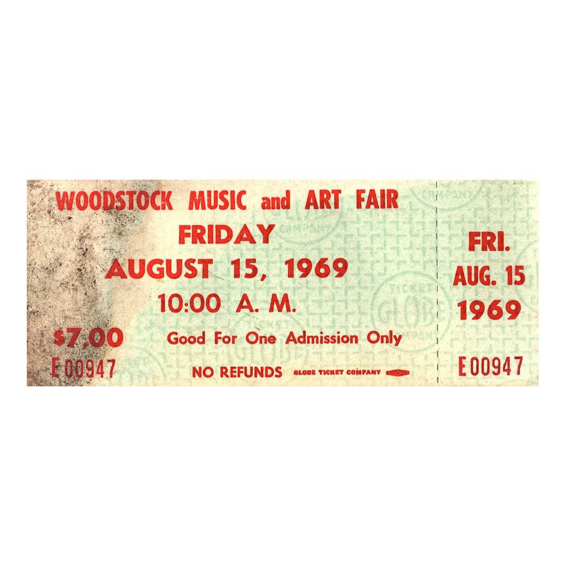 Woodstock - 1969 Advanced $7.00 Vintage Concert Ticket: WOODSTOCK MUSIC & ART FAIR FESTIVAL (Music Festival billed as 'An Aquarian Exposition: 3 Days of Peace & Music) Authentic unused Advanced Woodstock Festival Ticket with photograph. Venue: Max Yasgur D