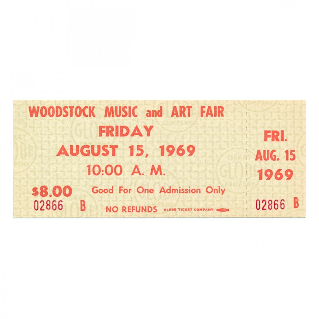 Woodstock - 1969 Friday Vintage Concert Ticket: WOODSTOCK MUSIC & ART FAIR FESTIVAL (Music Festival billed as 'An Aquarian Exposition: 3 Days of Peace & Music) Authentic unused Woodstock Festival Ticket with photograph. Venue: Max Yasgur Dairy Farm