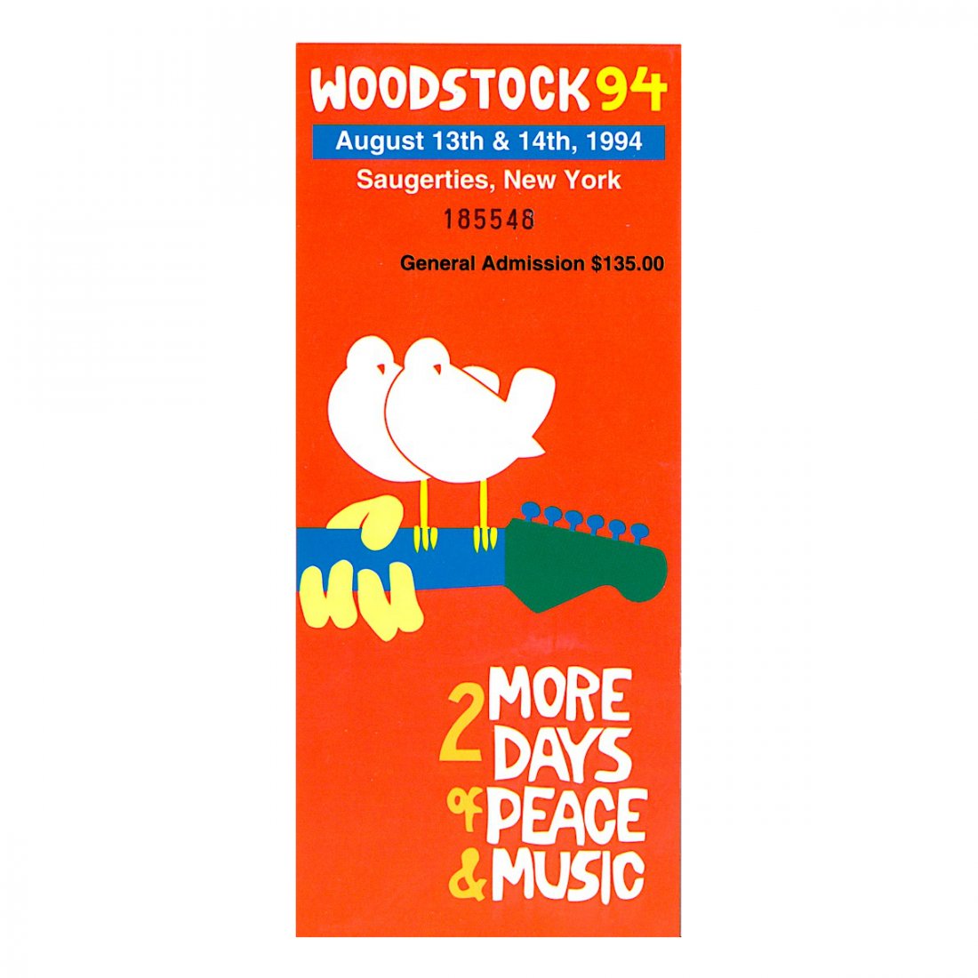 Woodstock Music Festival - 1994 Vintage Concert Ticket: WOODSTOCK 1994 MUSIC FESTIVAL (Music Festival) Authentic 1994 unused Woodstock Festival Ticket. Venue: Winston Farms, Saugerties, New York. Dated: August 13, 1994. Includes COA. Dimensions: 3 inches b
