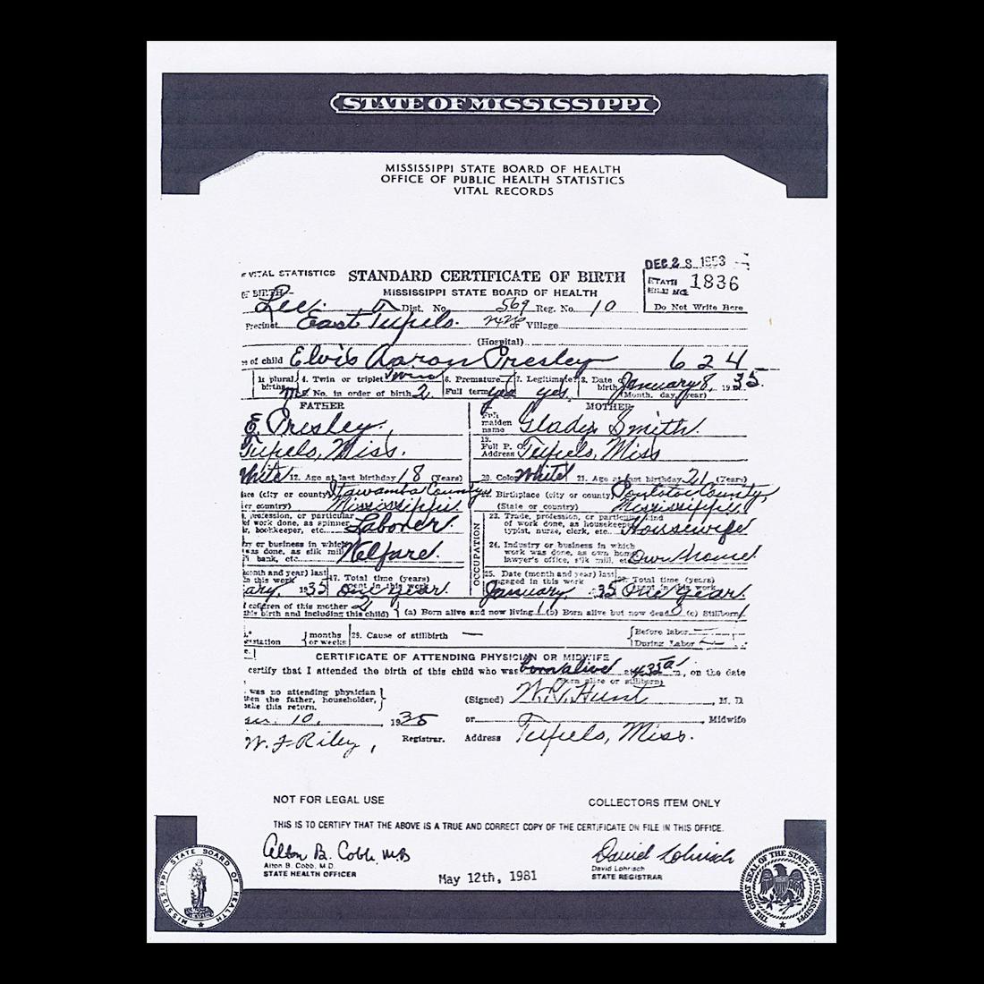 Elvis Presley - Birth Certificate: ELVIS PRESLEY (1935-1977 American Singer and Actor) An authentic Copy of Elvis Aaron Presley Birth Certificate. Includes COA Dimensions: 8.5 inches by 11 inches