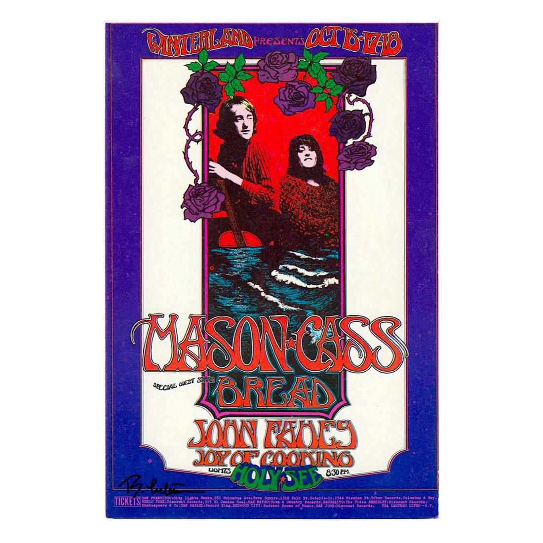 Mama Cass - Randy Tuten - 1970 Signed Handbill: CASS ELLIOT (1941-1971 American Singer) DAVID MASON (English Singer-Songwriter and Guitarist) Original & Vintage Bill Graham Presents Concert Handbill featuring Dave Mason, Mama Cass and Bread. Hand-s