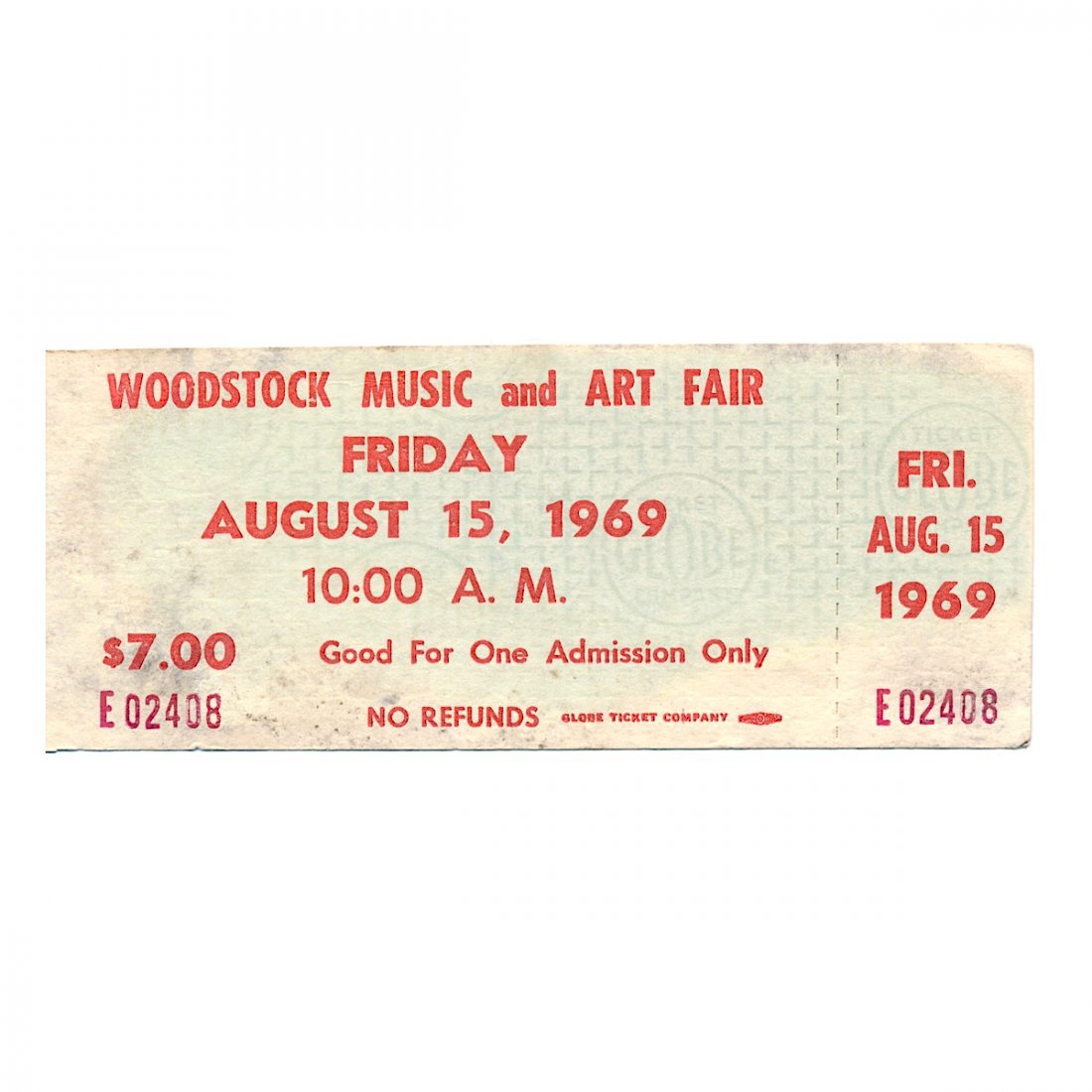 Woodstock - 1969 Advanced $7.00 Vintage Concert Ticket: WOODSTOCK MUSIC & ART FAIR FESTIVAL (Music Festival billed as 'An Aquarian Exposition: 3 Days of Peace & Music) Authentic unused Advanced Woodstock Festival Ticket with photograph. Venue: Max Yasgur D