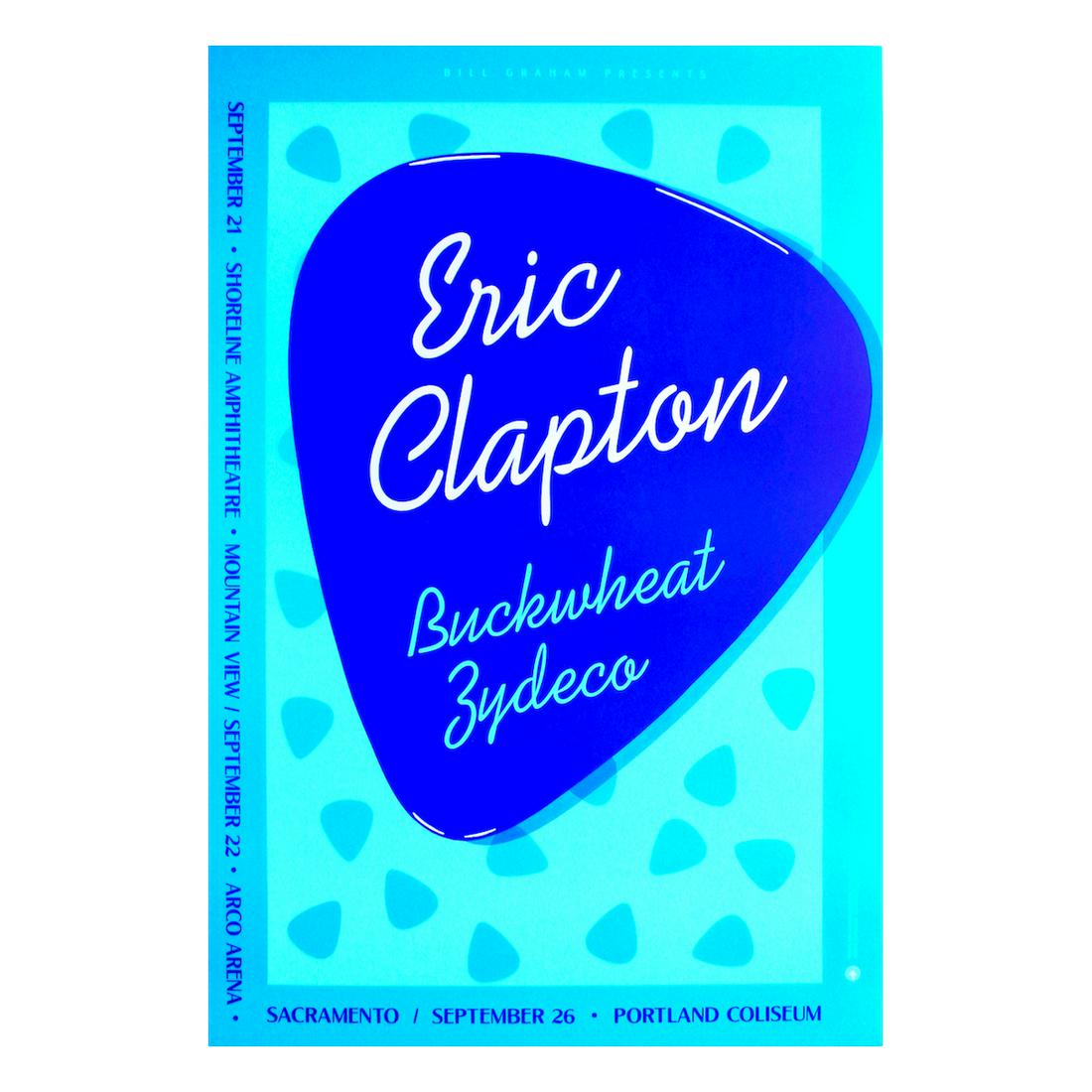 Eric Clapton - 1988 Concert Poster: ERIC CLAPTON (English Rock & Blues Guitarist and Singer-Songwriter) Original & Vintage Bill Graham Presents Concert Poster featuring Eric Clapton and Buckwheat Zydeco. Venue: Shoreline Amphitheatre, M