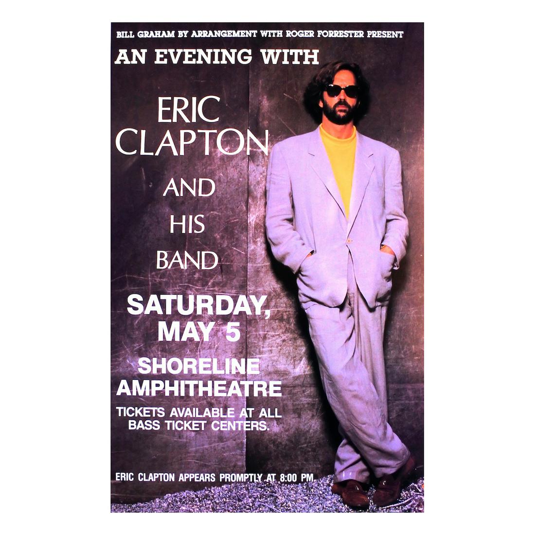 Eric Clapton - 1990 Concert Poster: ERIC CLAPTON (English Rock & Blues Guitarist and Singer-Songwriter) Original & Vintage Bill Graham Presents Concert Poster featuring Eric Clapton and His Band. Venue: Shoreline Amphitheatre, Mountain 