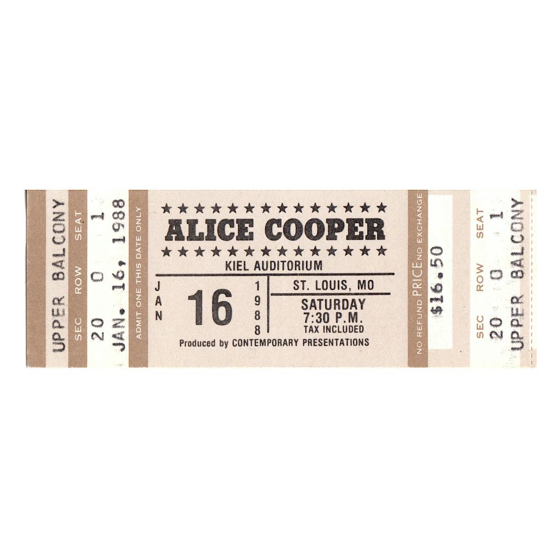 Alice Cooper - 1988 Vintage Concert Ticket: ALICE COOPER (American Singer-Songwriter) Original & Vintage 1988 unused Concert Ticket featuring Alice Cooper. Venue: Kiel Auditorium, St. Louis, Missouri. Dated: January 16, 1988. Includes COA. Dime