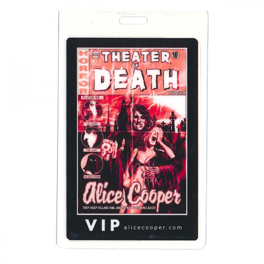 Alice Cooper - 2009 Laminated Backstage Pass: ALICE COOPER (American Singer-Songwriter) Authentic 2009 Alice Cooper 'Theatre of Death Tour' VIP Laminated Backstage Pass. Venue: Orleans Hotel & Casino, Las Vegas, Nevada. Dated October 25, 2009. In