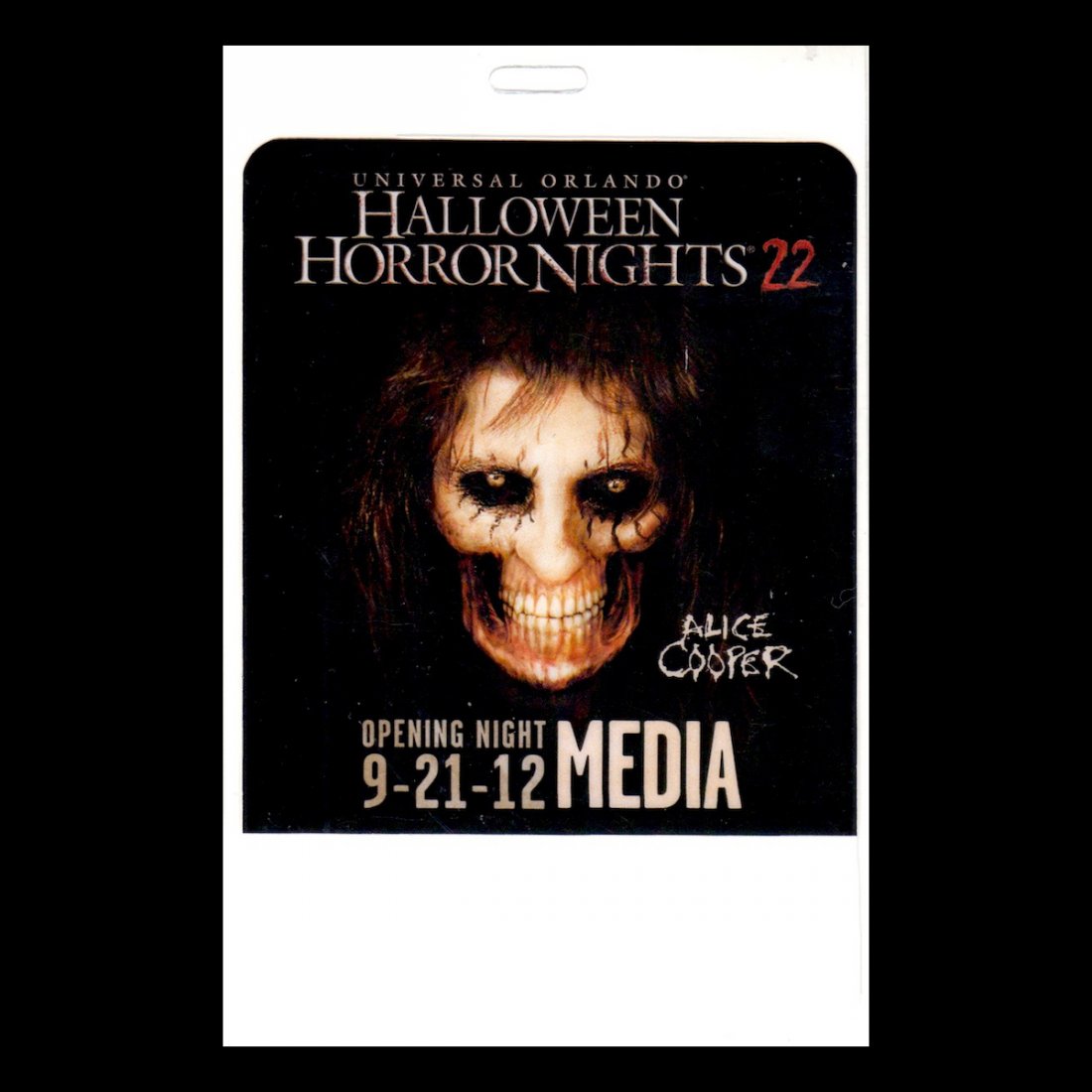 Alice Cooper - 2012 Laminated Backstage Pass: ALICE COOPER (American Singer-Songwriter) Authentic 2012 Alice Cooper 'Universal Orlando Halloween Opening Night' Media Laminated Backstage Pass. Manufactured by OTTO. Venue: Universal Studios, Orland