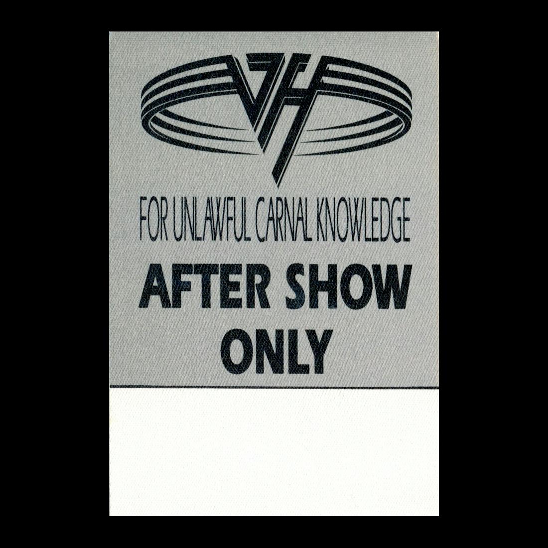 Van Halen - 1991 Tour - Backstage Pass: VAN HALEN (American Hard Rock Band) Authentic 1991 Van Halen 'For Unlawful Carnal Knowledge Tour' After Show Backstage Pass. Venue: Nassau Veterans Memorial Coliseum, Uniondale, New York. Dated: Octob