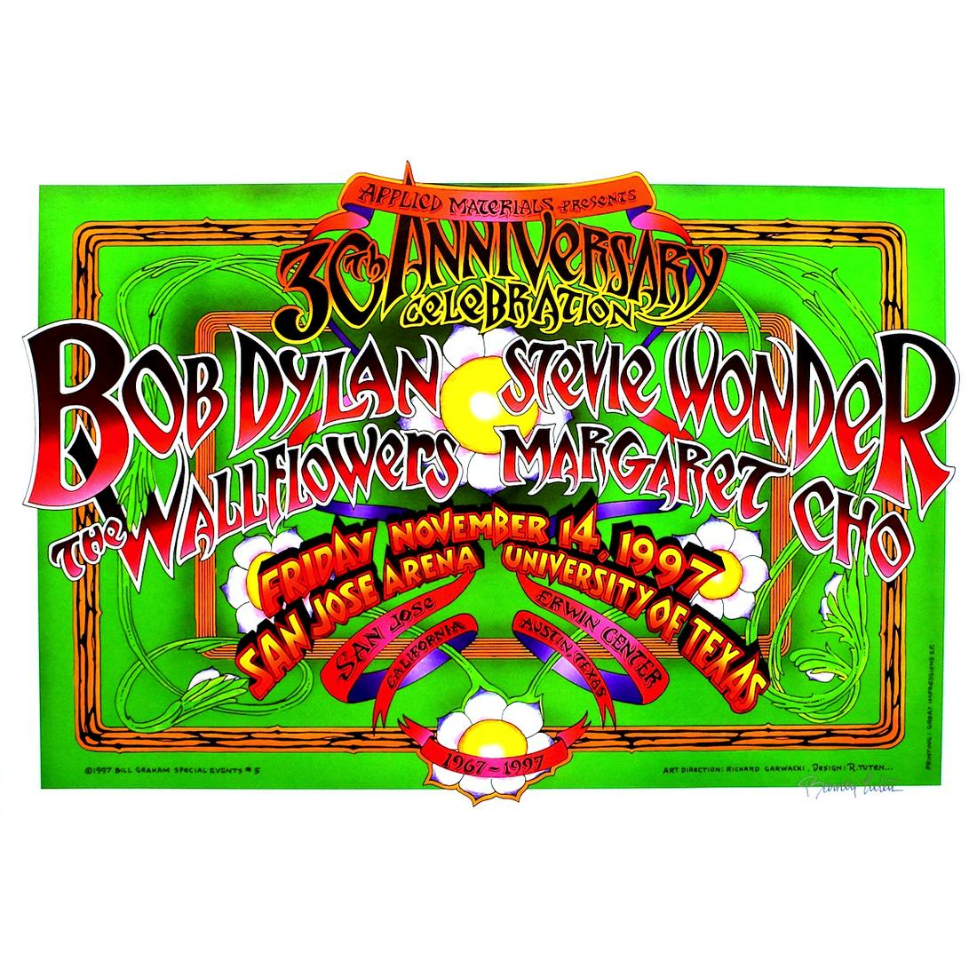 Bob Dylan - Stevie Wonder - 1997 Signed Concert Poster: BOB DYLAN (American Singer and Songwriter) STEVIE WONDER (American Singer-Songwriter) Original & Vintage Concert Poster featuring Bob Dylan, Stevie Wonder and The Wallflowers. Hand-signed by the artis