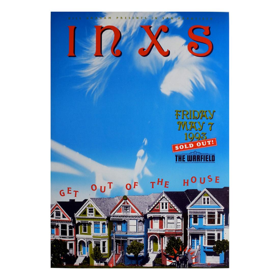 INXS - 1993 Concert Poster: INXS (Australian Rock Band) Original & Vintage Bill Graham Presents Concert Poster featuring INXS. Venue: Warfield Theatre, San Francisco California. Dated: May 7, 1993. Artist: Arlene Owseichik. Firs