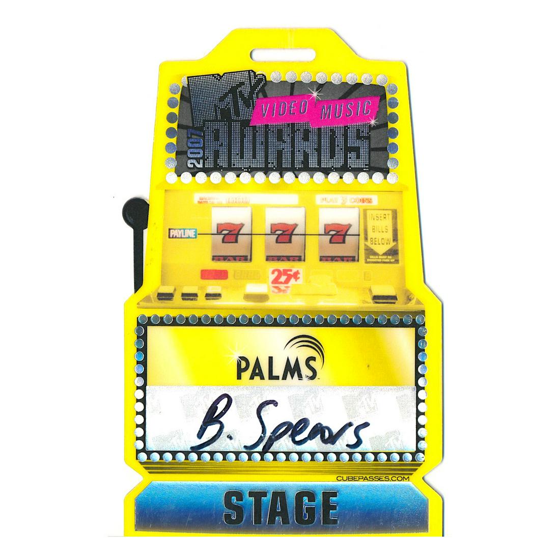 Britney Spears - MTV - 2007 Laminated Stage Pass: BRITNEY SPEARS (American Singer and Actress) MTV VIDEO MUSIC AWARDS (Annual Music Award Show) Authentic 2007 MTV Awards Laminated Stage Pass used by Britney Spears. Venue: Palms Casino, Las Vegas, Nev